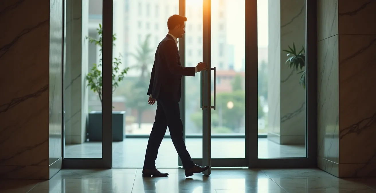 Personne en costume franchissant l'entrée vitrée d'un immeuble de bureaux moderne